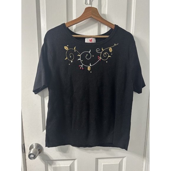 Quacker Factory Black Embellished Holly Berry Cardigan Zip Sweater Set Size XL - Picture 2 of 16